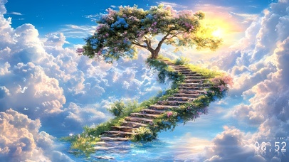 梦幻云海台阶大树