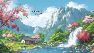 唯美桃花湖畔小屋