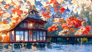 4K秋日落叶别墅小屋