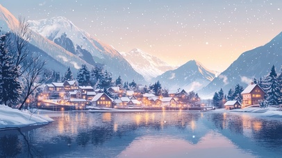 傍晚中的北欧雪景