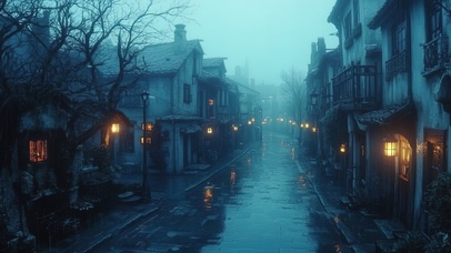 雨夜小镇孤寂街景