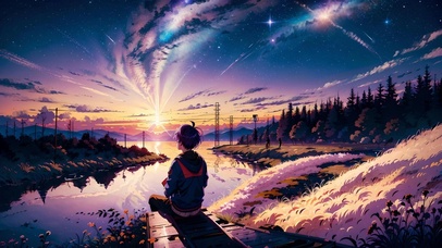 日落时分仰望星空的男孩