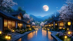 夜晚星月樱花河畔