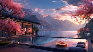 夕阳樱花湖景