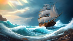 油画曙光下的风浪之舟