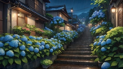 雨夜绣球花街道