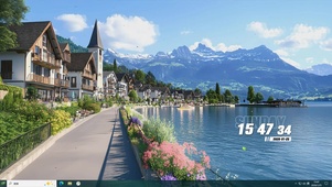 护眼蓝天白云树木河流绿景主题