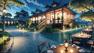 月夜中式庭院