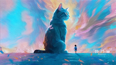 油画-烟花少女和大猫