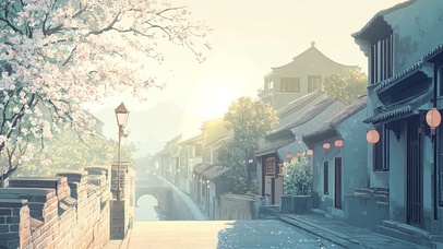 朦胧春日夕阳下的古城