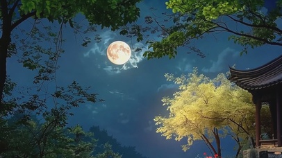 4k古建筑庭院的中秋夜空月亮