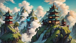 云雾缭绕的仙山古建筑