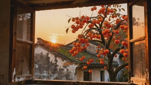 古村柿树窗景