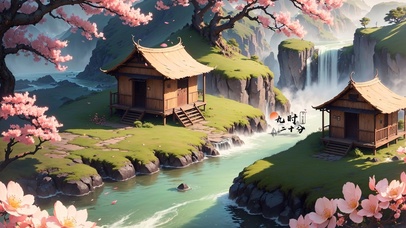 4K唯美治愈梦幻樱花山水仙境