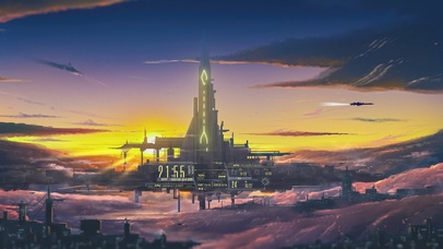 4K科幻云上夕阳未来城市