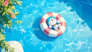 4K可爱机器猫の夏日泳池