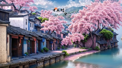4k樱花河道小镇