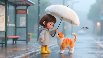 雨天女孩和猫咪