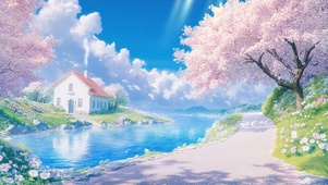 樱花小道溪边小屋