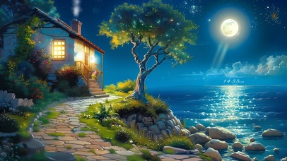 明月夜晚海边小屋