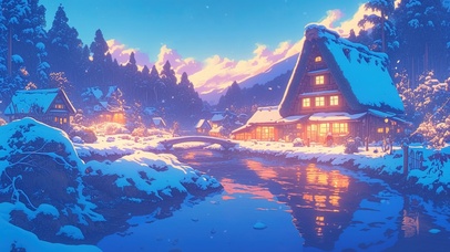 静谧雪天河畔小屋