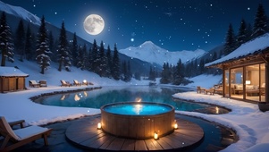 冬日夜晚温泉小屋