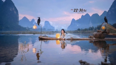 唯美山河竹排古风少女