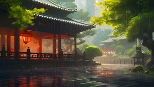 古风雨中庭院