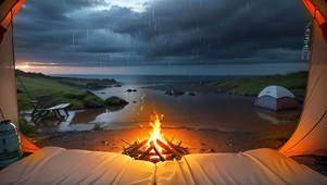 帐篷外的篝火和雷雨