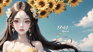 可爱黑发向日葵少女