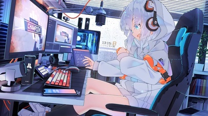 秋雨电脑房间女孩