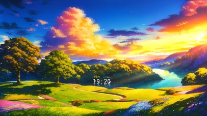 治愈插画风景傍晚湖边