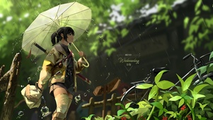 4K治愈太阳雨下撑伞少女