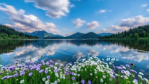 湖边鲜花盛开