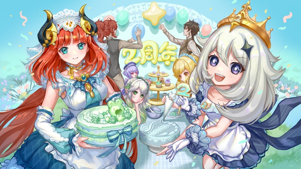 户外草坪的2周年庆祝场景中，女仆装妮露与派蒙立于前景，后方多名原神角色围在烘焙操作台旁，整体为马卡龙色调的日系二次元插画。