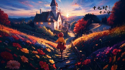 秋叶夕阳少女小镇