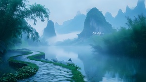绿色云雾森林湖水
