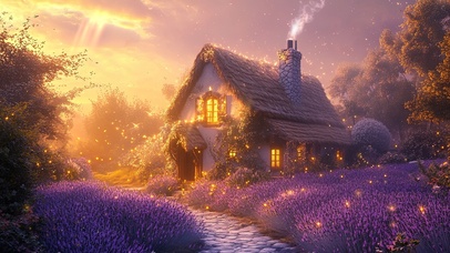 漫步紫色花海小屋