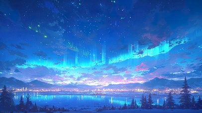 北欧极光下的城市夜景