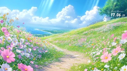 小路野花海景蓝天