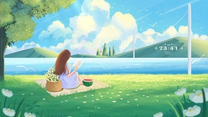 夏日女孩治愈草地湖边天空下看书