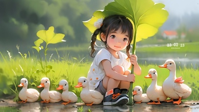 可爱的放鸭小女孩