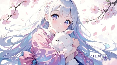 樱花雨中抱小兔的萝莉