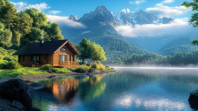 治愈山边湖畔小屋