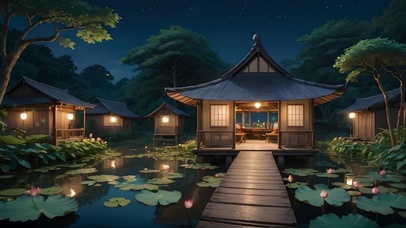 夜晚通往小屋的木栈道