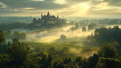清晨葡萄园与城堡