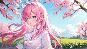 樱花撒落，靓丽女孩