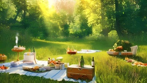 阳光树林草地野餐