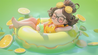 可爱眼镜少女，夏日水中荷叶