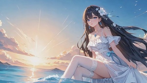 蓝天海边的连衣裙卡通少女4k